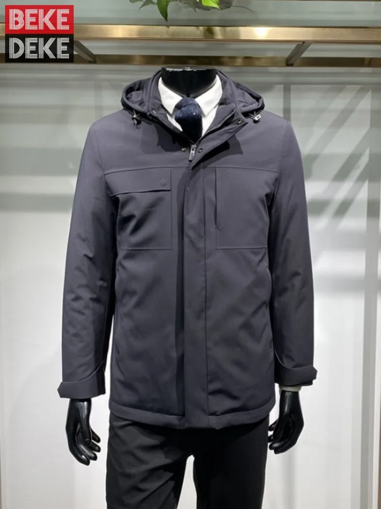 Mens Winter Warm Detachable Hooded Goose Down Solid Color Zipper Coat Business Fashion Casual Male Outerwear Long Sleeve Jacket