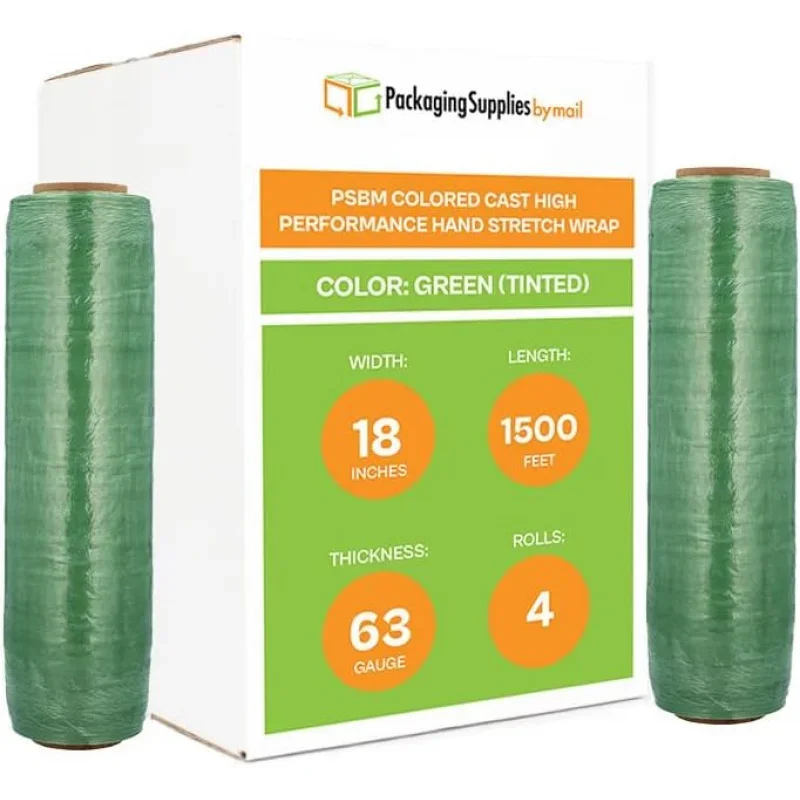 Green Stretch Wrap, 4, 18 Inch x 1500 Feet, 63 Gauge, Tinted/Transparent Hand Stretch Film Rolls Packaging Moving Packi