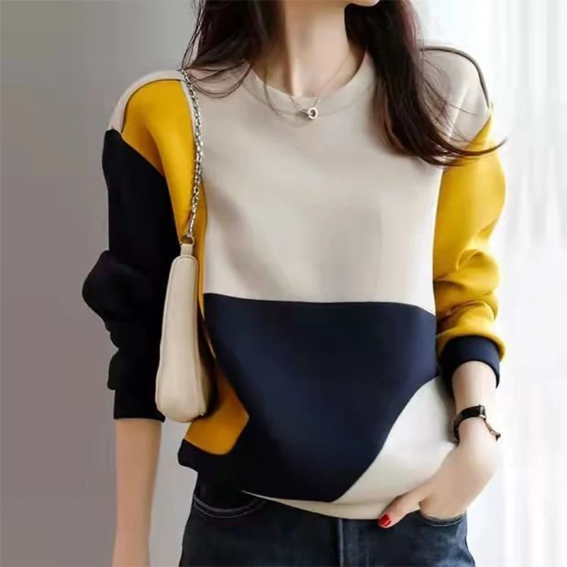 Autumn Winter Loose Casual Contrast Color Patchwork Sweatshirt Ladies Simple Fashion Pullover Top Women All-match Cotton Jumper