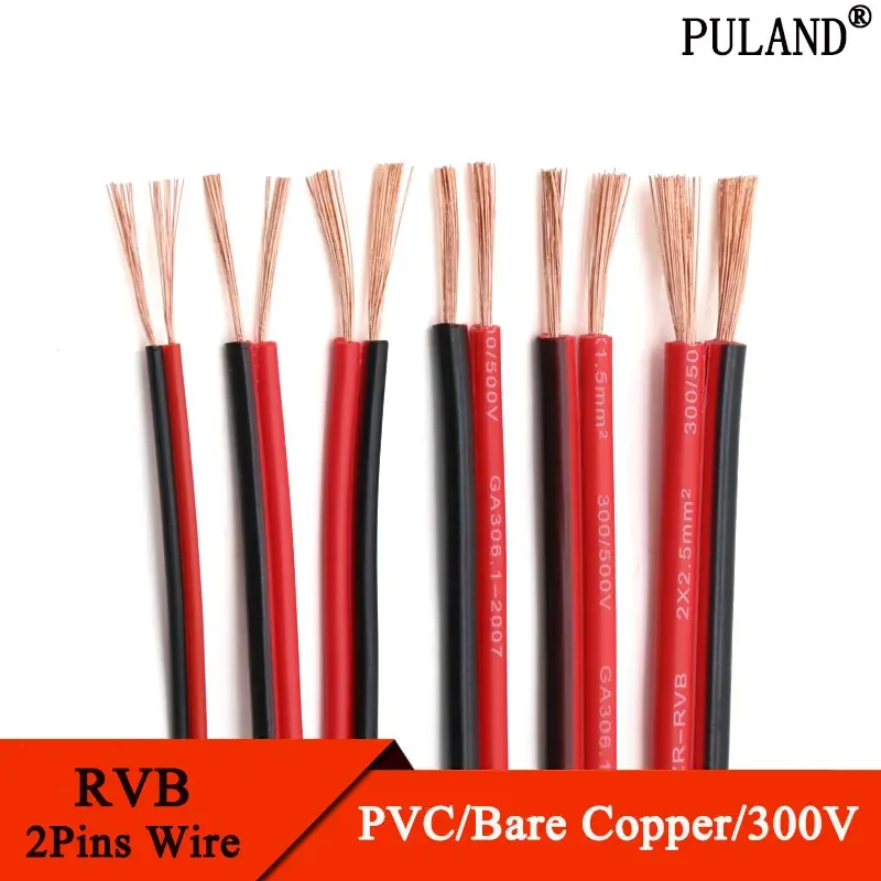 2/5/10M 2Pin Copper Electrical Wire LED Cables 22 20 18 16 14 12AWG IEC RVB PVC Insulated Strip Extend UL2468 Power Lines