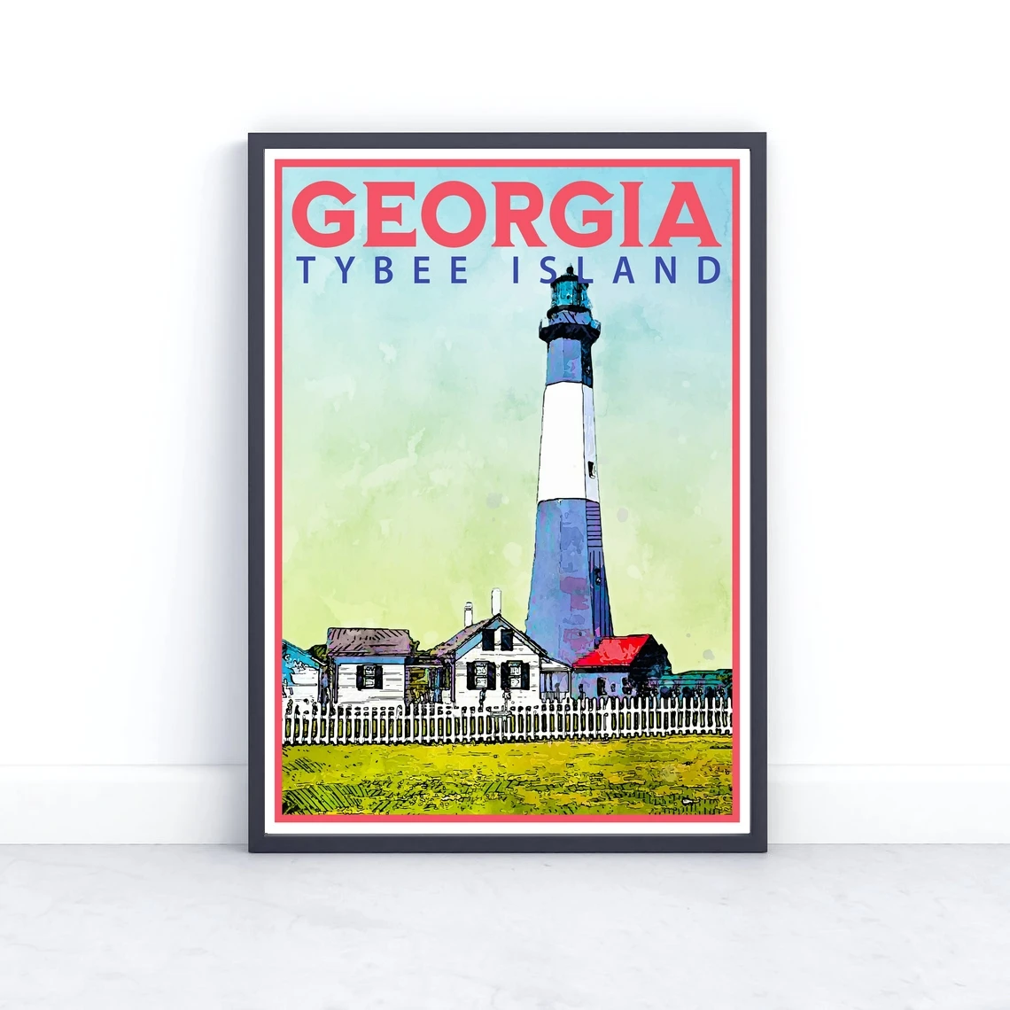 ملصق جورجيا للسفر، طباعة على الطراز العتيق، ديكور، منارة تايبي آيلاند، فن الحائط، السفر، العطلة، المنزل، تذكار #6