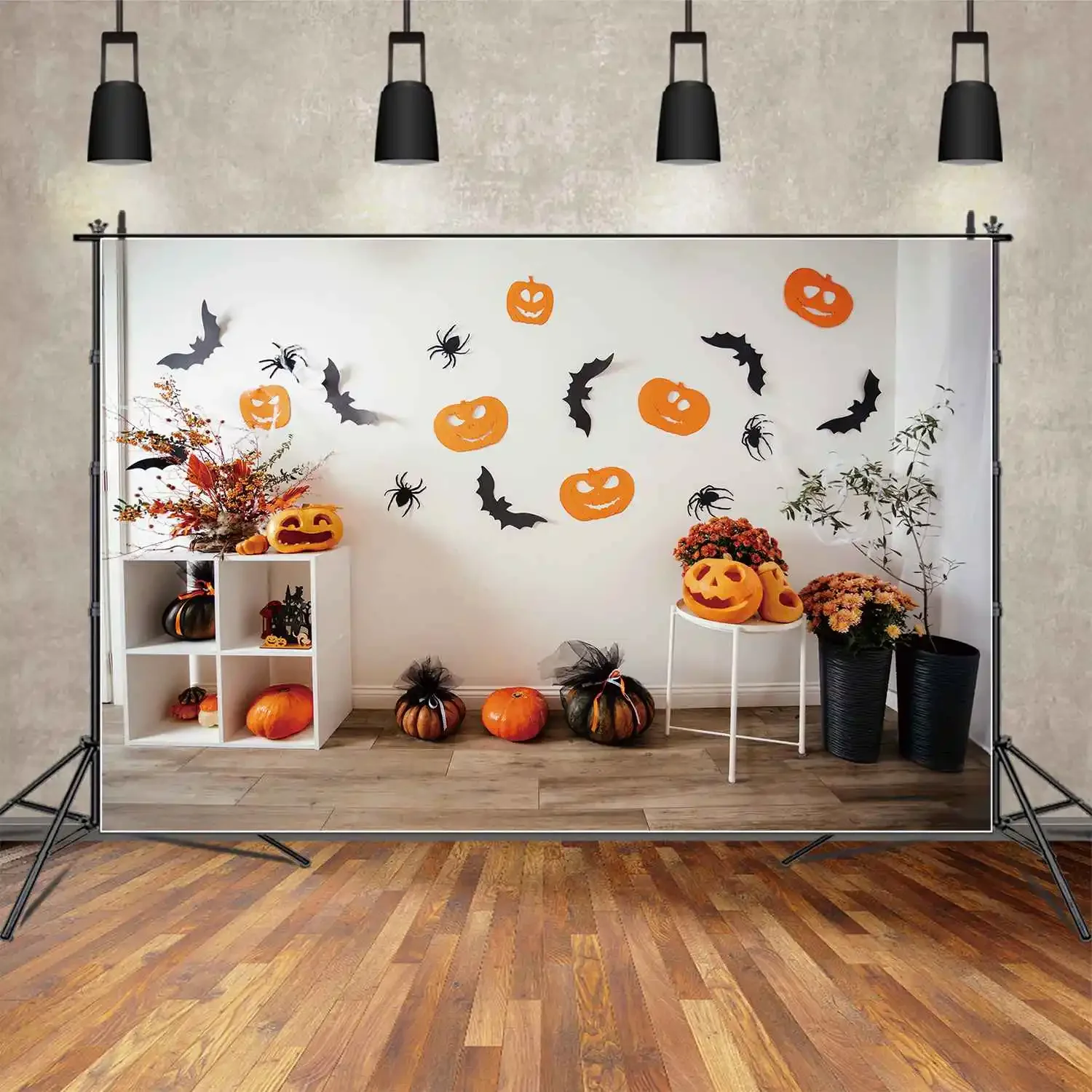 MOON.QG Backdrop White Living Room Wall Halloween Decoration Photo Background Children Cupboard Flower Pumpkin Bat Spider Booth