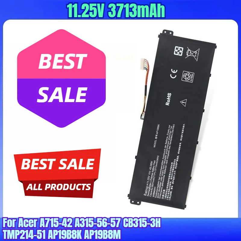 

11.25V 3713mAh Laptop Batteries for Acer A715-42 A315-56-57 CB315-3H TMP214-51 AP19B8K AP19B8M
