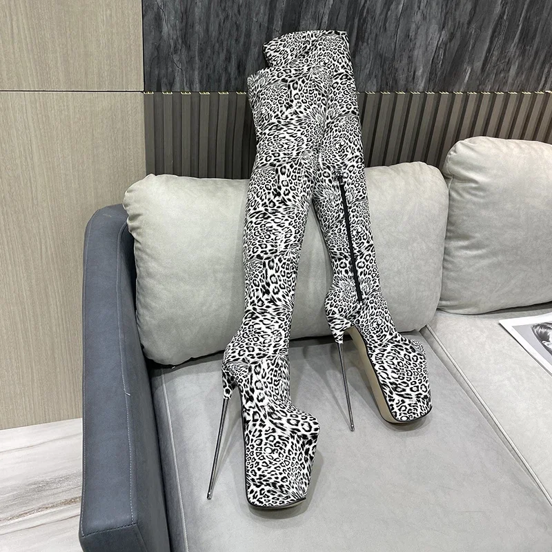 Brand Pole Dancing 20cm Thin Heels Stiletto Over The Knee Long Boots Platform Women PUNK Pumps 22cm Ladies Leopard Print Shoes