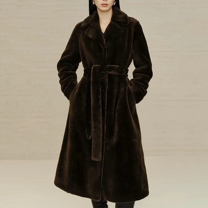 

High-quality Korean-style elegant interior leather women's long wool coat with waist tie winter female clothing 25110804