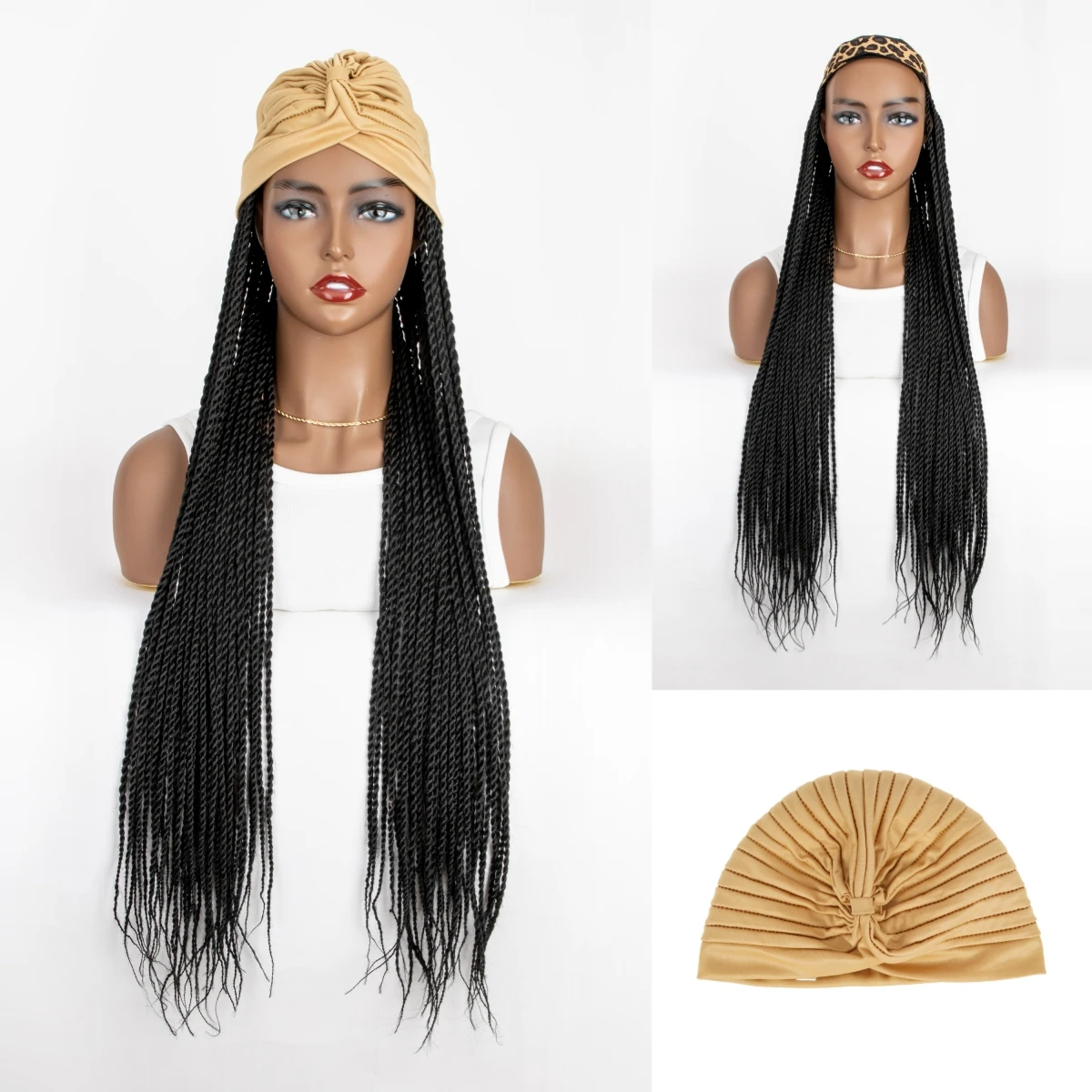 Wigera Lange Zwarte Twist Gevlochten Met Bordeauxrode Hoofdbanden Synthetische Pruiken Met Tulband Vlechten Hair Extensions Headwraps Voor Dames