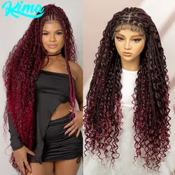 32inch Synthetic Knotless Box Braided Wigs Bohemian Boho Braids Wigs Lace Front Braided Lace Wigs with Baby Hair for Black Women