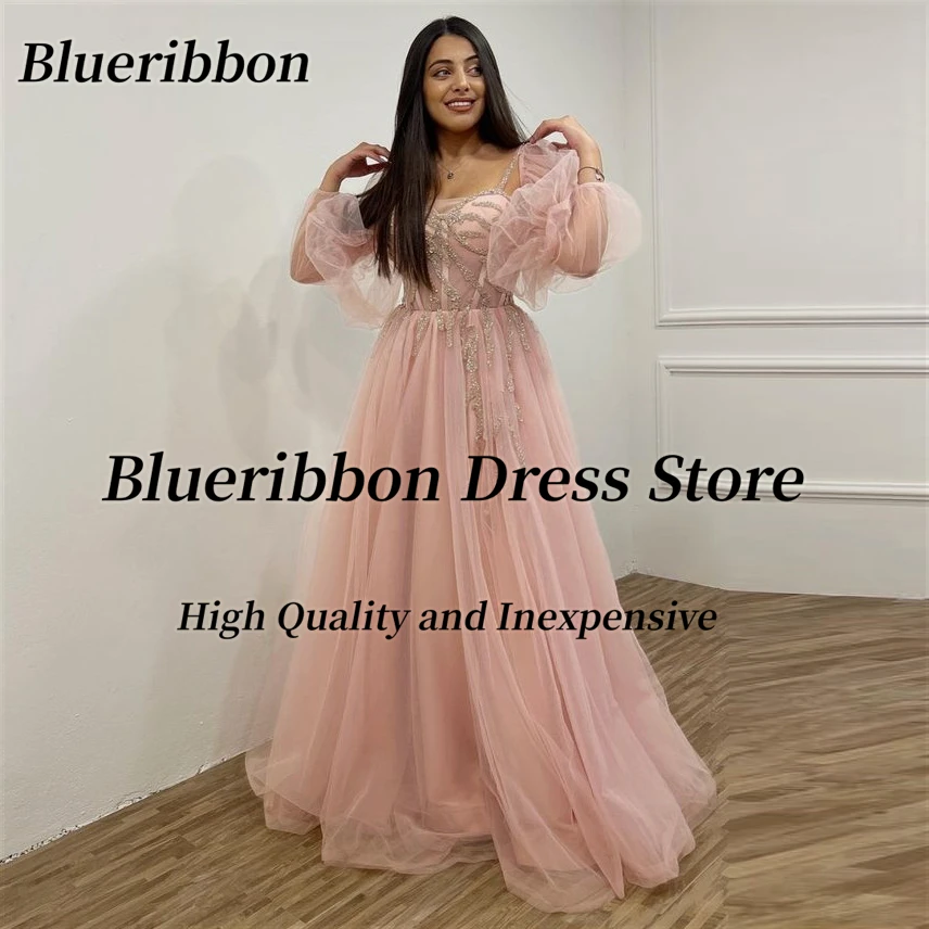 

Blueribbon فساتين سهرات فخمه طويلة Long Sleeves Prom Dresses Beaded Strips A Line Tulle Evening Party Birthday Gowns