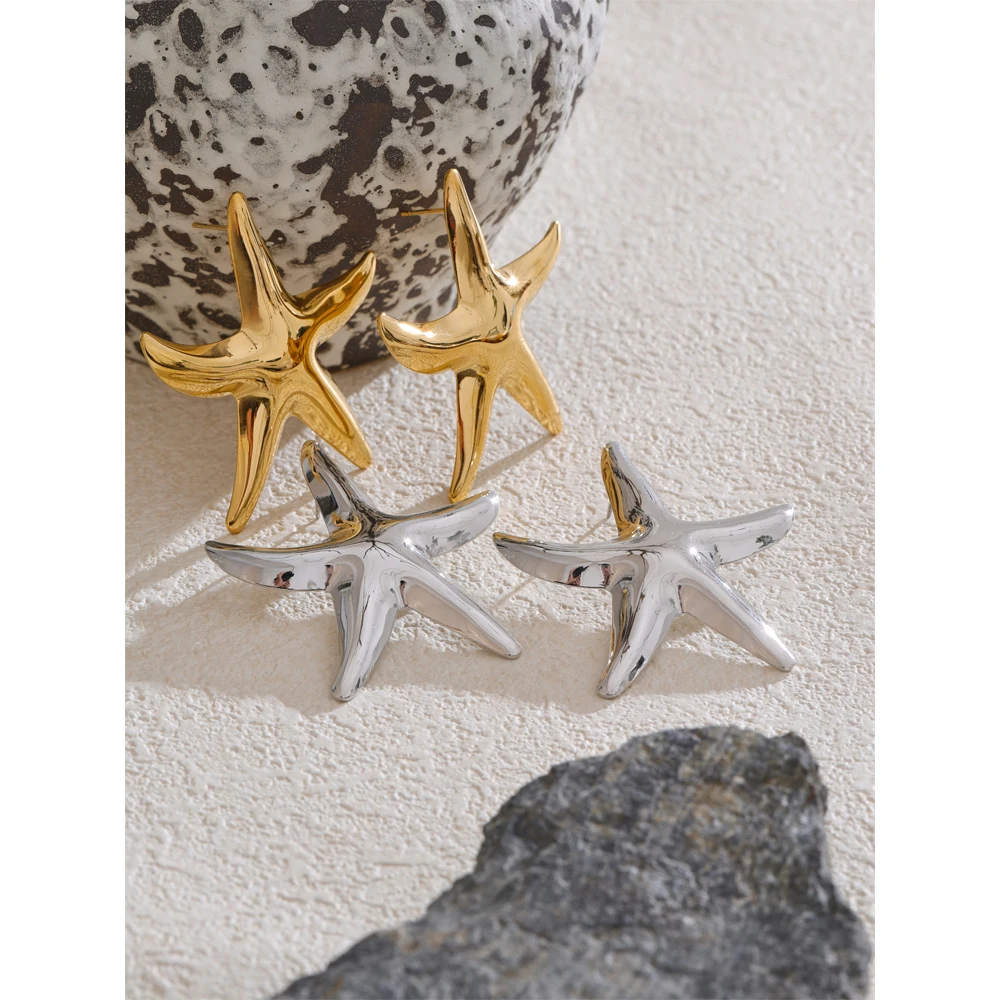 Yhpup Smooth Stainless Steel Metal Star Stud Earrings Gold Silver Color Versatile Trendy Summer Statement Jewelry Accessory Gift