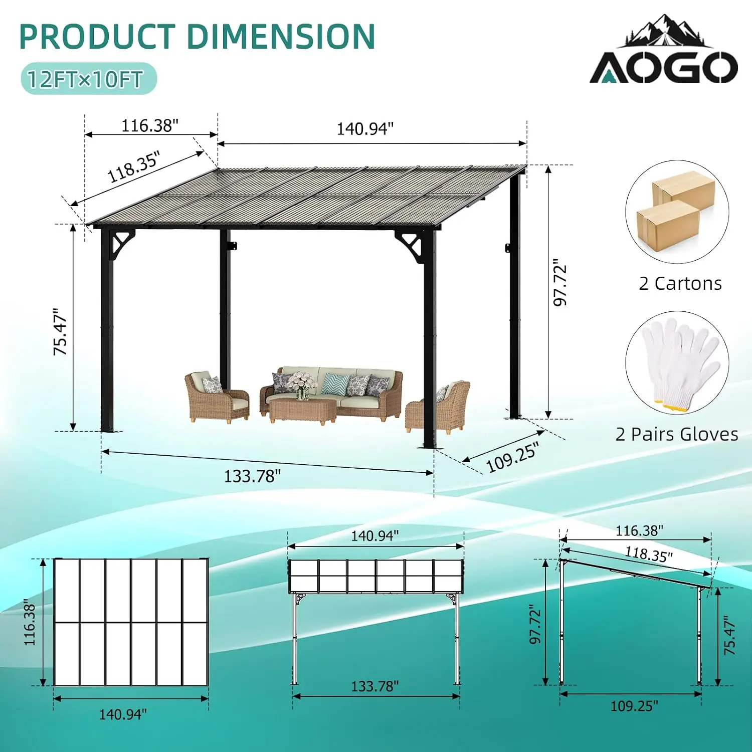 10' x 12' Gazebos on Clearance, Lean to Gazebo with PC Canopy Sloped Roof, Outdoor Pergola Awnings for Patio, Patio, Customized
