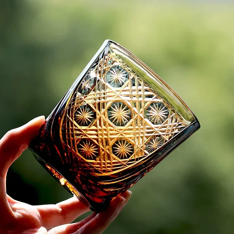 Amber Crystal Whiskey Glass High End Edo Kiriko Gilded Dome Star Chrysanthemum Old Fashioned Tumbler Barwar Cup Dropshipping