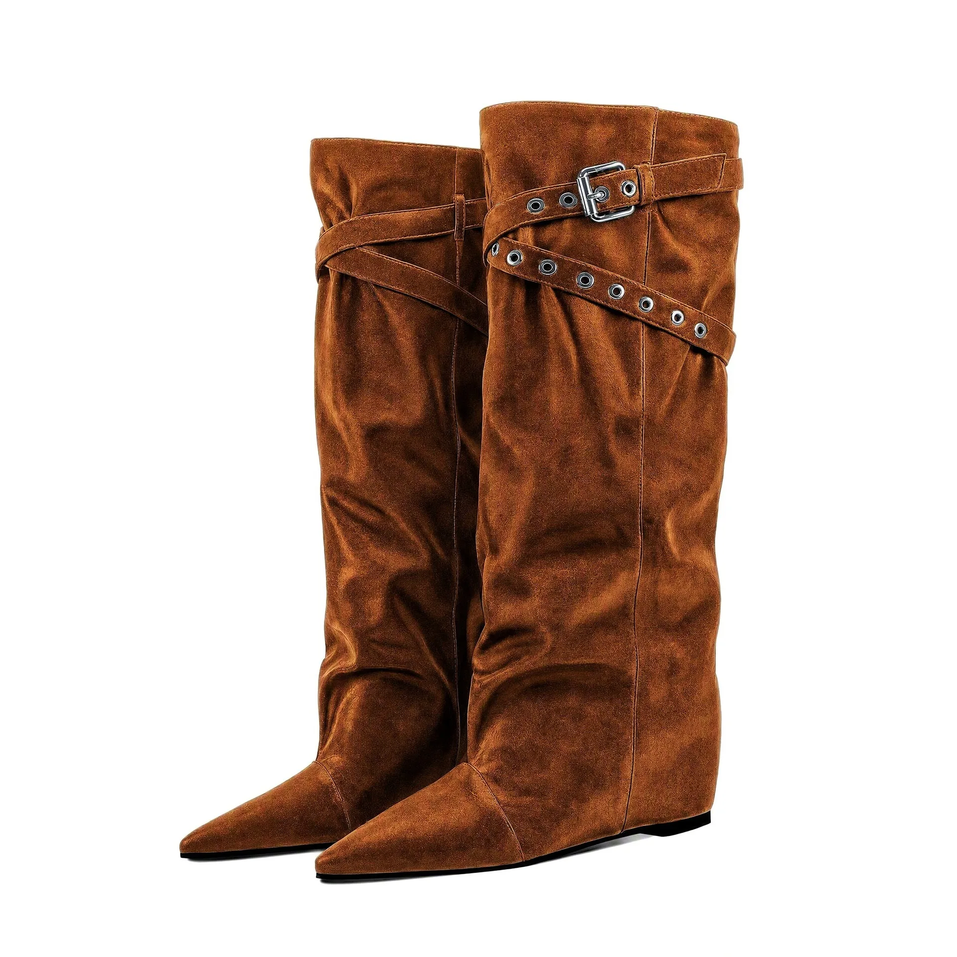 Women's New 6cm Height Increasing Pointed Toe Continuing Women's Boots with Anti Velvet Buckle Wide Tube Large Boots Size 35-46