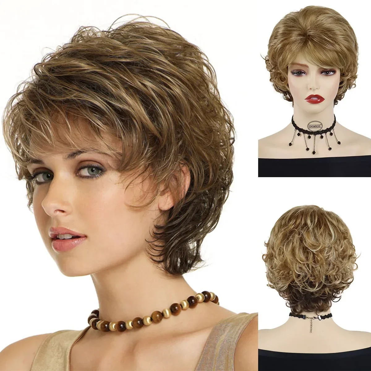 

Synthetic Short Wigs for White Women Sandy Blonde Wig with Bangs Mix Brown Color Natural Curly Wig Hair Ombre Elderly Wig Mommy