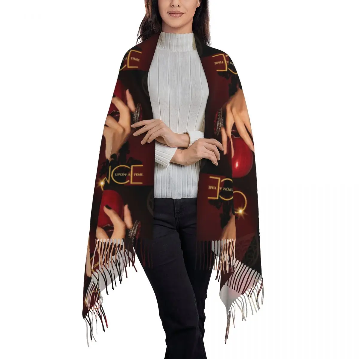 OUAT Red Apple Evil Queen Poster Scarf Tassel Scarves Women Soft Warm Shawls and Wraps Long Fall Winter Shawl Wrap