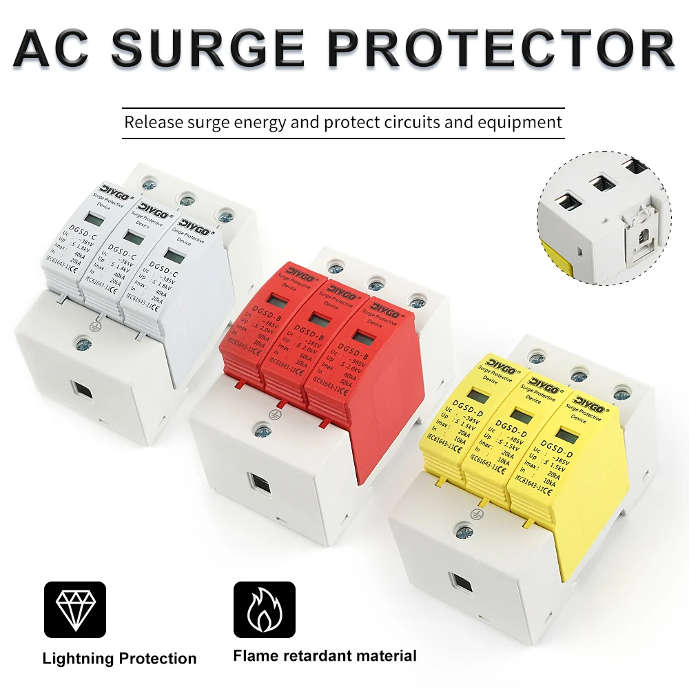 

3P AC SPD Protective Low-voltage Arrester Device 10-20KA 20-40KA 30-60KA Din Rail Type Surge Protector Lightning Protection 2P+N