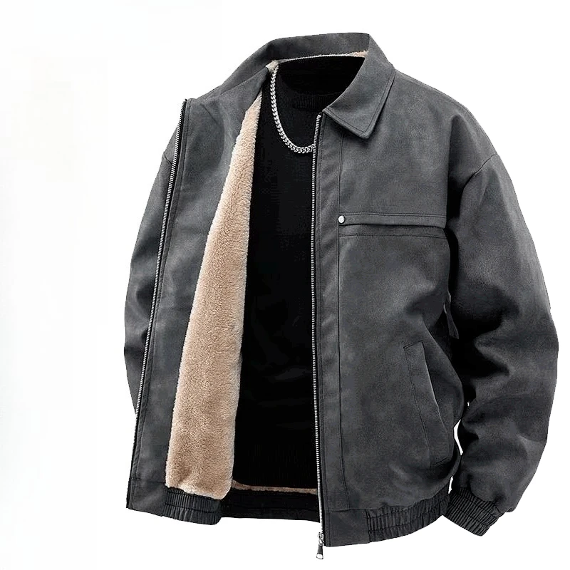 

Мужская куртка-бомбер High Street с мехом из овечьей шерсти и лацканами, толстая куртка, пальто, замшевые лоскутные металлические заклепки, винтажные куртки на молнии