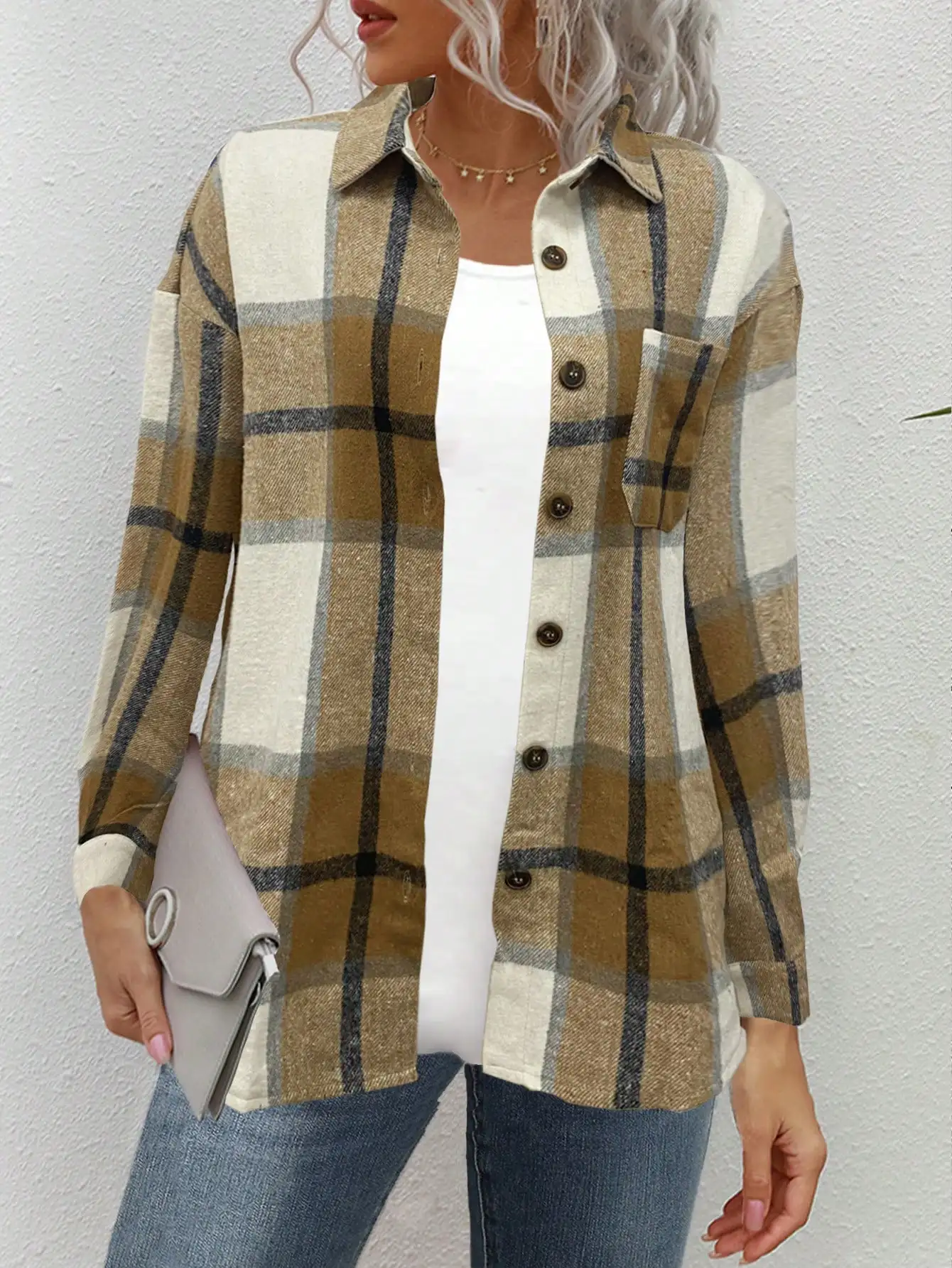 Camisa feminina retrô xadrez patchwork jaqueta com design de bloqueio de cor manga comprida nicho top