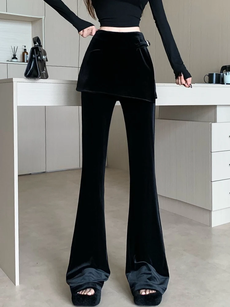 Black velvet micro flared pants women's autumn and winter design with a fart curtain high waisted slim fit flared pants