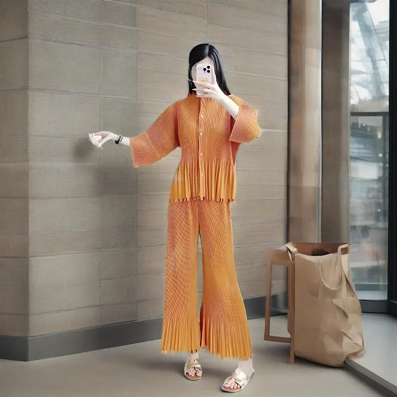 

Комплект плиссированных брюк Miyake, лето 2025 г., плиссированная короткая куртка с бахромой, кардиган, топ, женские свободные широкие брюки, тонкий комплект больших размеров