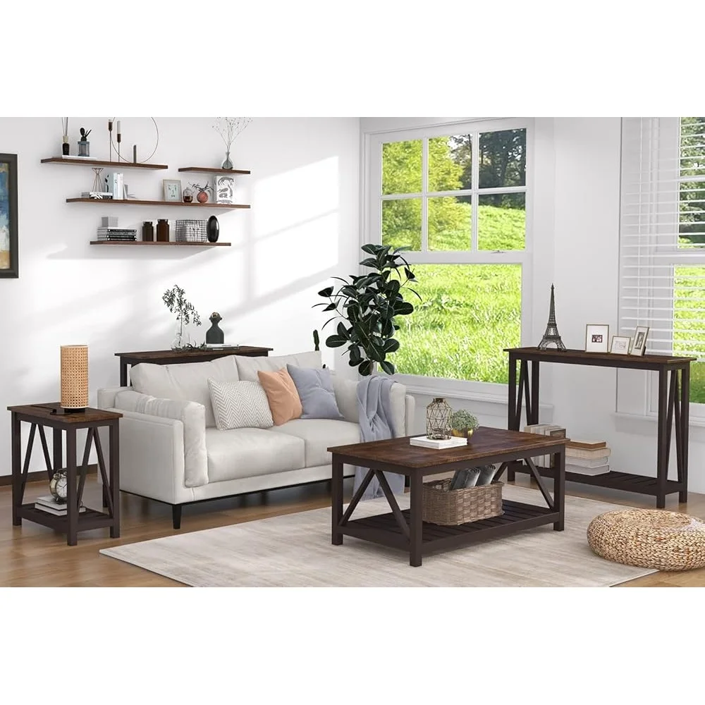 Farmhouse Coffee Table Rustic Vintage A-Frame Living Room Table with Shelf Easy Assembly Sturdy MDF Home Furniture Decor