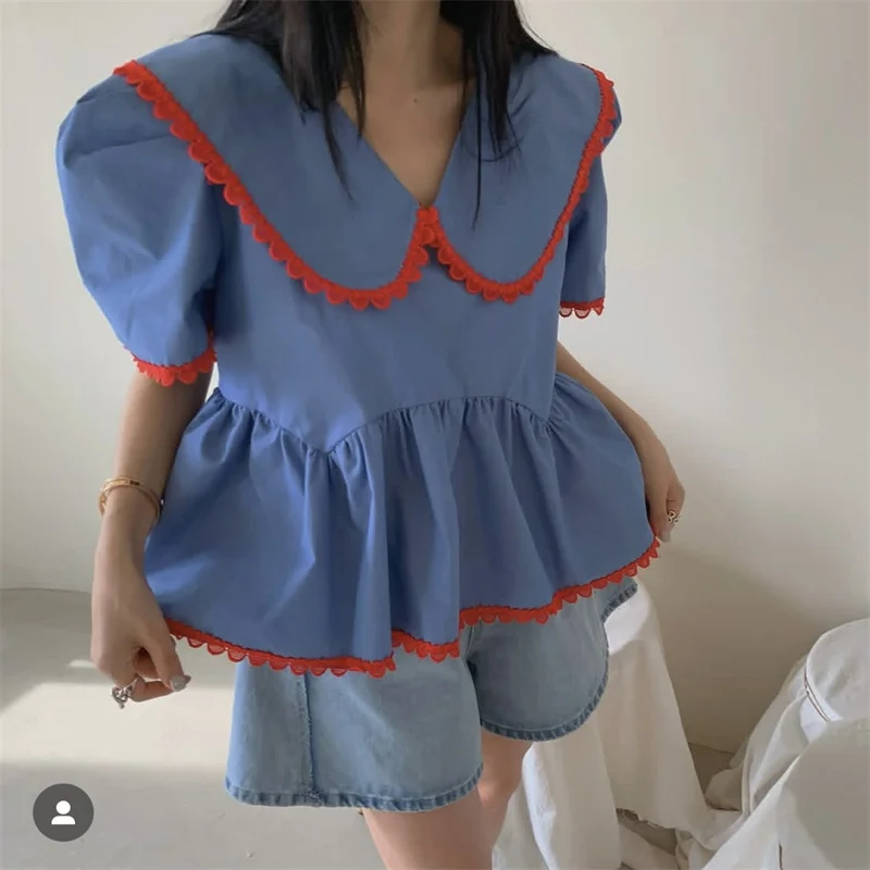 

Корейские шикарные летние рубашки с воротником Питера Пэна, свободная короткая блузка с милыми возрастными украшениями, универсальные короткие топы с объемными рукавами