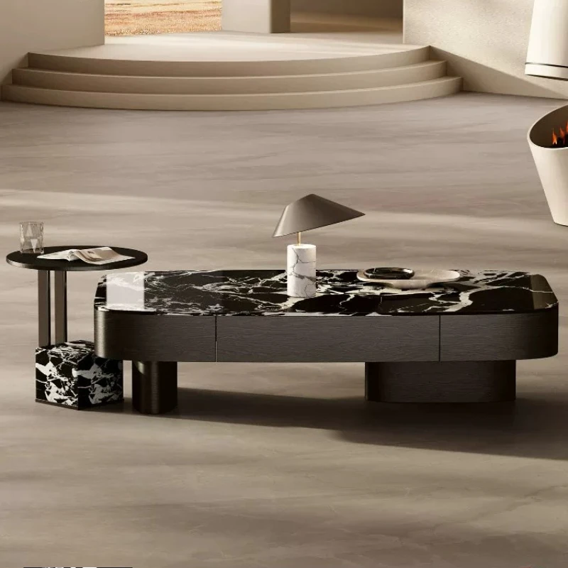 Yjq pure natural luxury stone coffee table villa Italian light luxury black storage coffee table combination