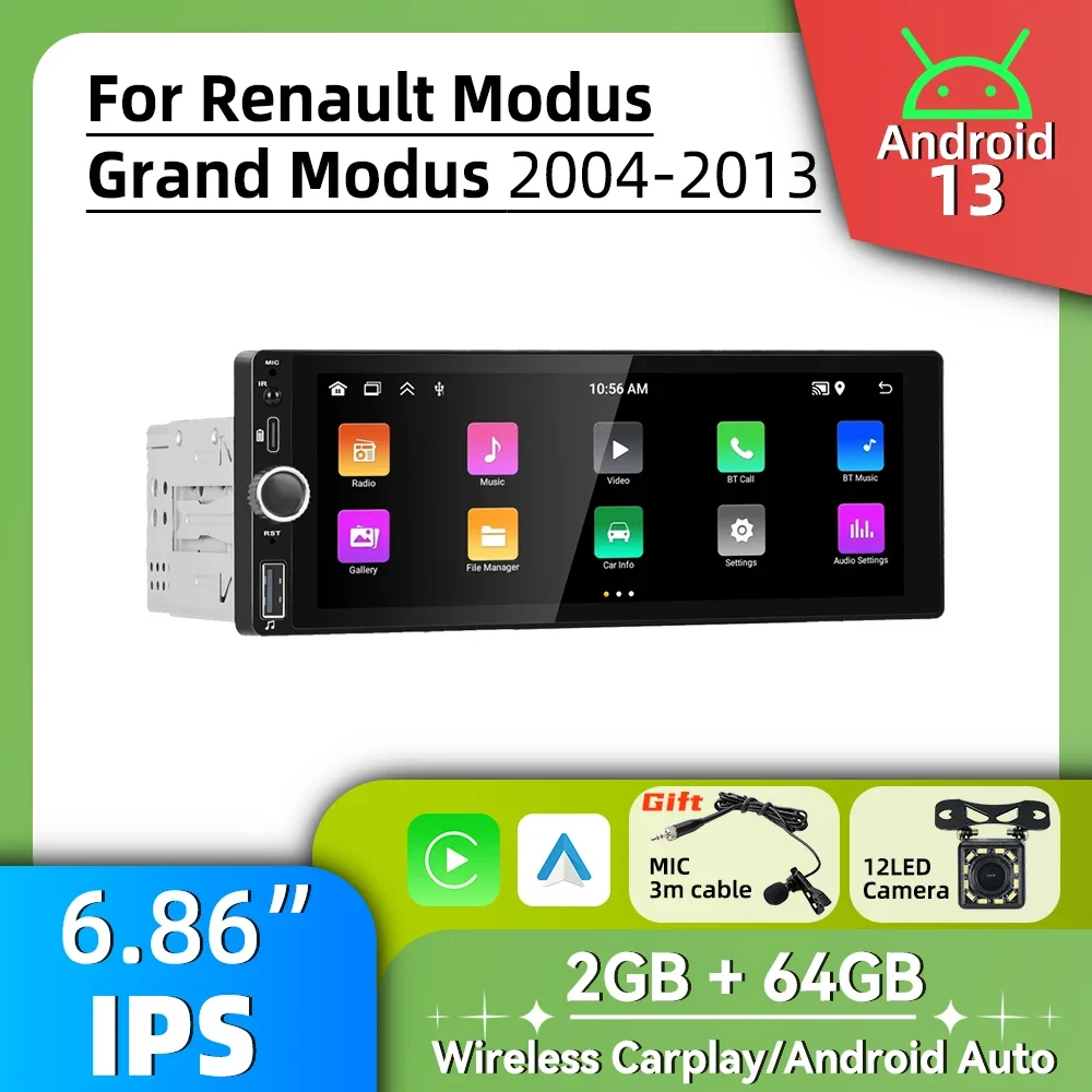 Pantalla estéreo de 6,86 pulgadas para Renault Modus Grand Modus 2004-2013 Carplay Android Auto Android Car Multimedia 1Din Radio unidad principal GPS