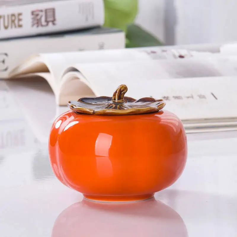 Exquisite Persimmon Ceramics Jar Chinese Style Tea Caddy Sealed Tea Storage Tank Empty Can Gift Wedding Candy Packaging Box