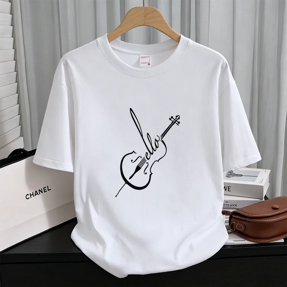 Spot delivery of artistic cello minimalist printed top, heavyweight pure cotton loose playing T-shirt