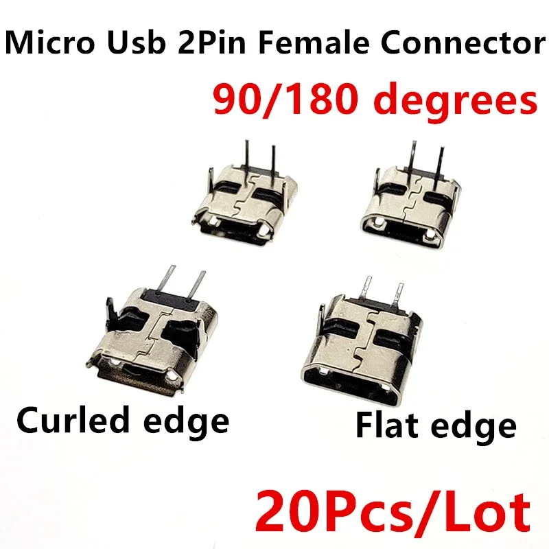 20Pcs Micro Usb Charging Socket 2Pin 90/180 degrees B Type Female Connector Mobile Phone Jack Connector 2 Pin Curled Flat edge