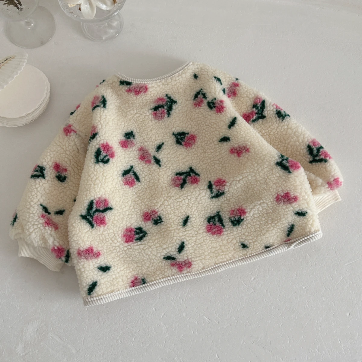 Infant Floral Sherpa Fleece Jacket Baby Girls Warm Cardigan Single Breasted Coat With Pockets Autumn Outerwear
