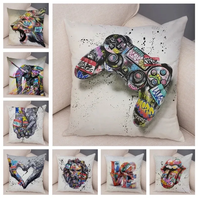 Abstrato Street Art Animal Almofada Capa, Graffiti Gamepad, Sofá, Home Decor