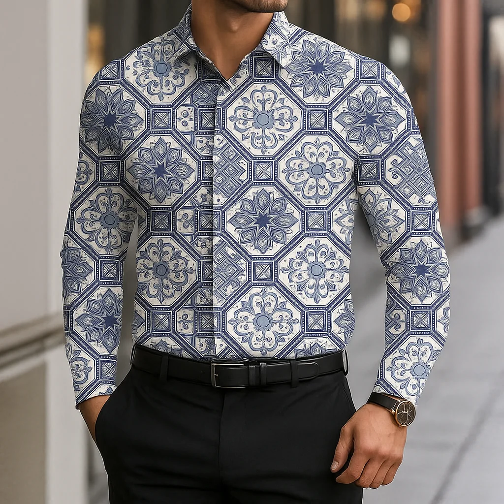

Men's Long Sleeve Shirt Casual Slim Fit Button Down Shirt Mediterranean Tile Pattern Shirt for Men Fashion Top Blouse Male Tee
