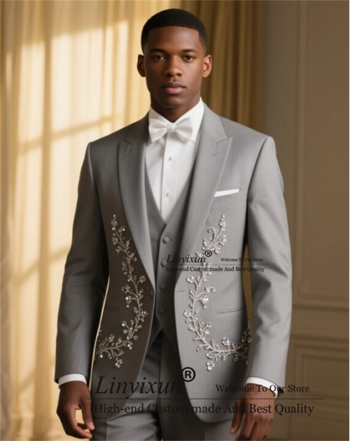 

Formal Business Men Suit Sparkly Gem Beaded Wedding Tuxedos Customized Slim Fit Ropa hombre 3 Pieces Sets Groom Male Blazers