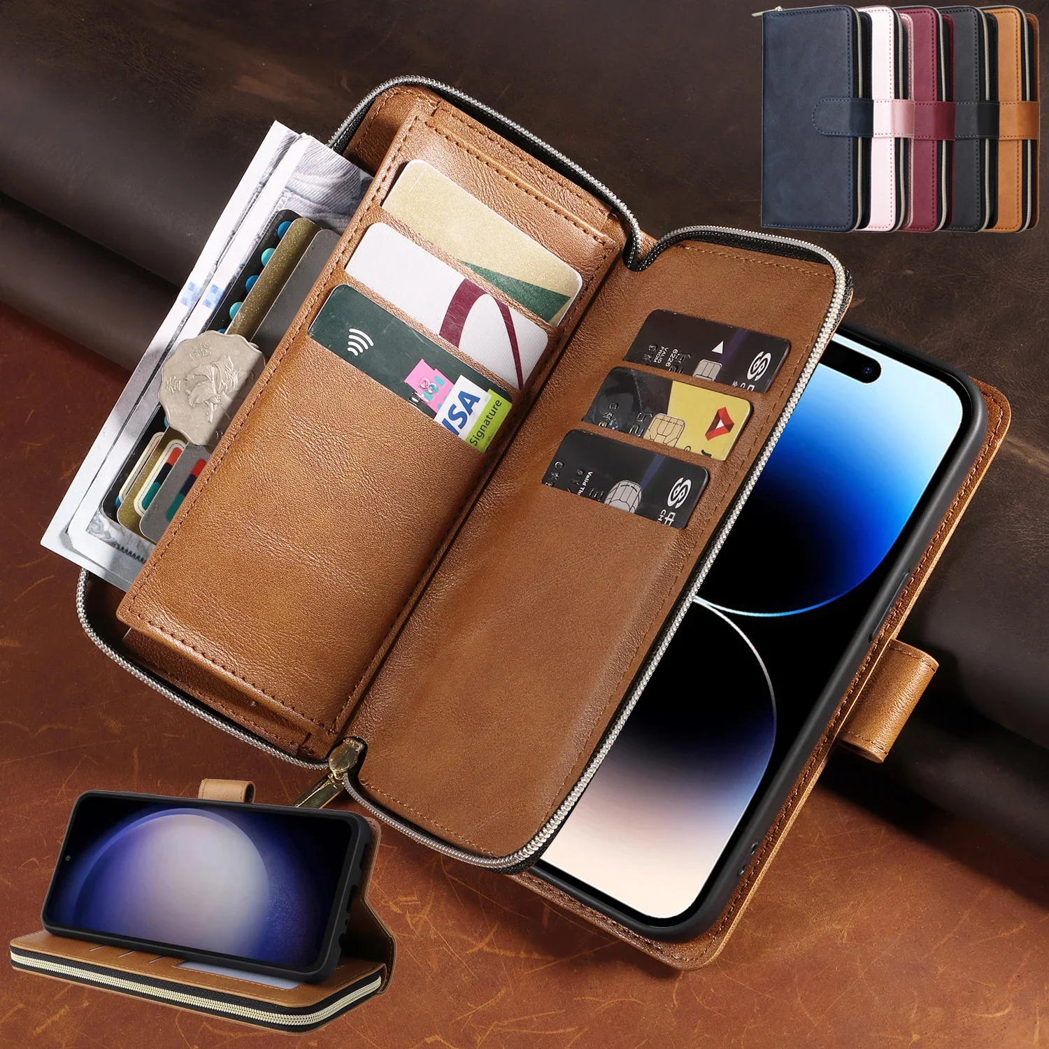 Zipper Leather Wallet Cards Bag Case For Samsung Galaxy A54 A14 A34 A24 A13 A23 S23 Plus S22 S24 Ultra S21 FE Purse Pocket Cover