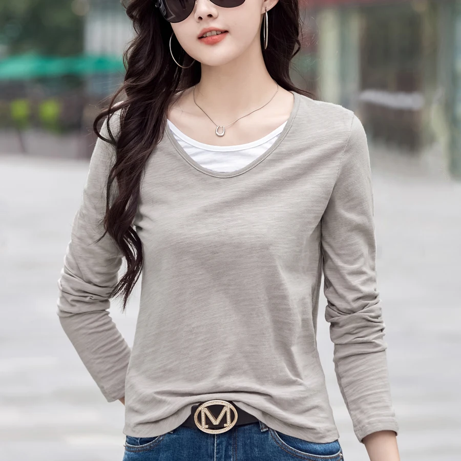 Zjaiss Damen-Langarm-beiläufige, lockere Hemden, 2026, Frühling, Baumwolle, gefälschte Zweiteile, V-Ausschnitt, gestrickte T-Shirts, Strickwaren-Tops