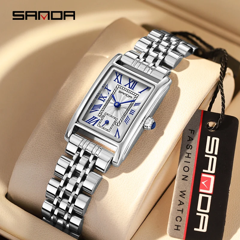 SANDA 1116 Elegant Women's Quartz Watch, Rectangular Dial Waterproof Casual Business Wristwatch, Stainless Steel Strap