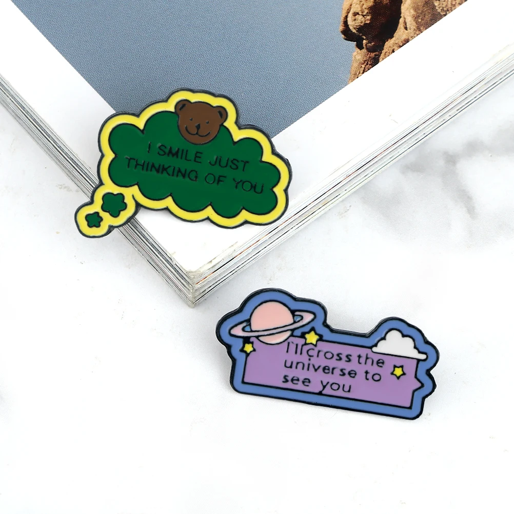 New Sweet Love Slogan Brooch Cute Bear I SMILE JUST THINKING OF YOU Enamel Pin Purple I'll Cross the Universe to See you Badge