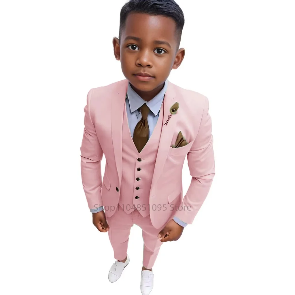 Handsome Pink Boys Suit 3 Piece Suit Big kids Custom Suits 2-18 Years Old Wedding Party Prom Tuxedos Blazer Vest Pants for Boys