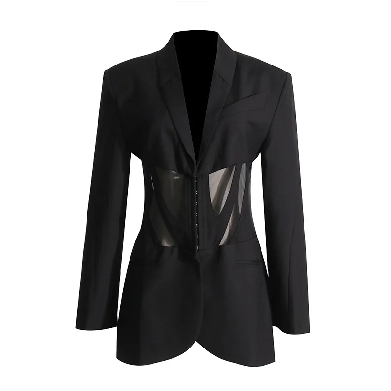 Casual Fishbone Jacket Blazers for Women Korean Style Long Sleeve Loose Coats Women Jacket Autumn Slim-fit See-through Outerwear