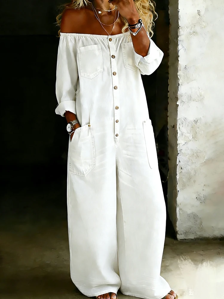 

Модные комбинезоны с вырезом-лодочкой для праздников, женские весенне-летние комбинезоны с широкими штанинами, свободные комбинезоны с длинными рукавами на пуговицах, женские боди