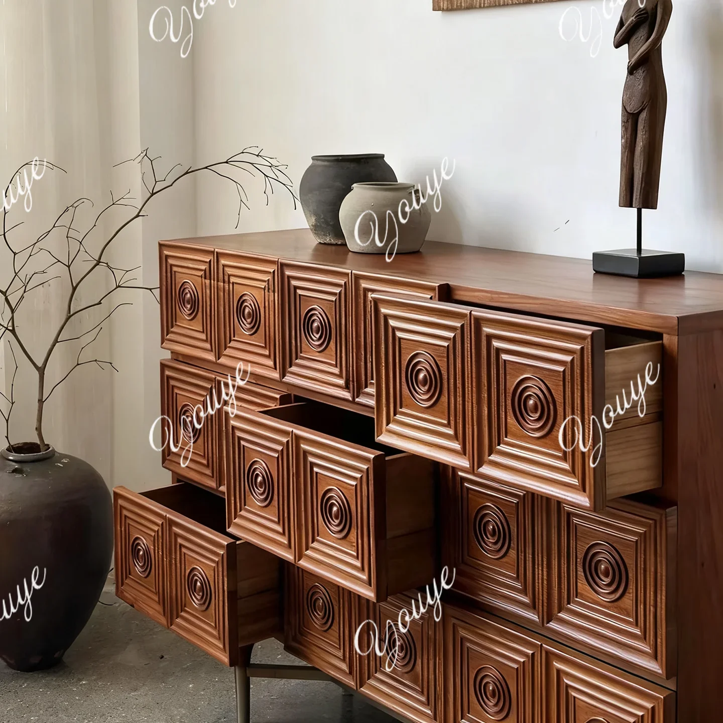 

J French Vintage Solid Wood Sideboard, Solid Wood Carved Chest Of Drawers, Living Room Storage Cabinet, Vintage Style Entry