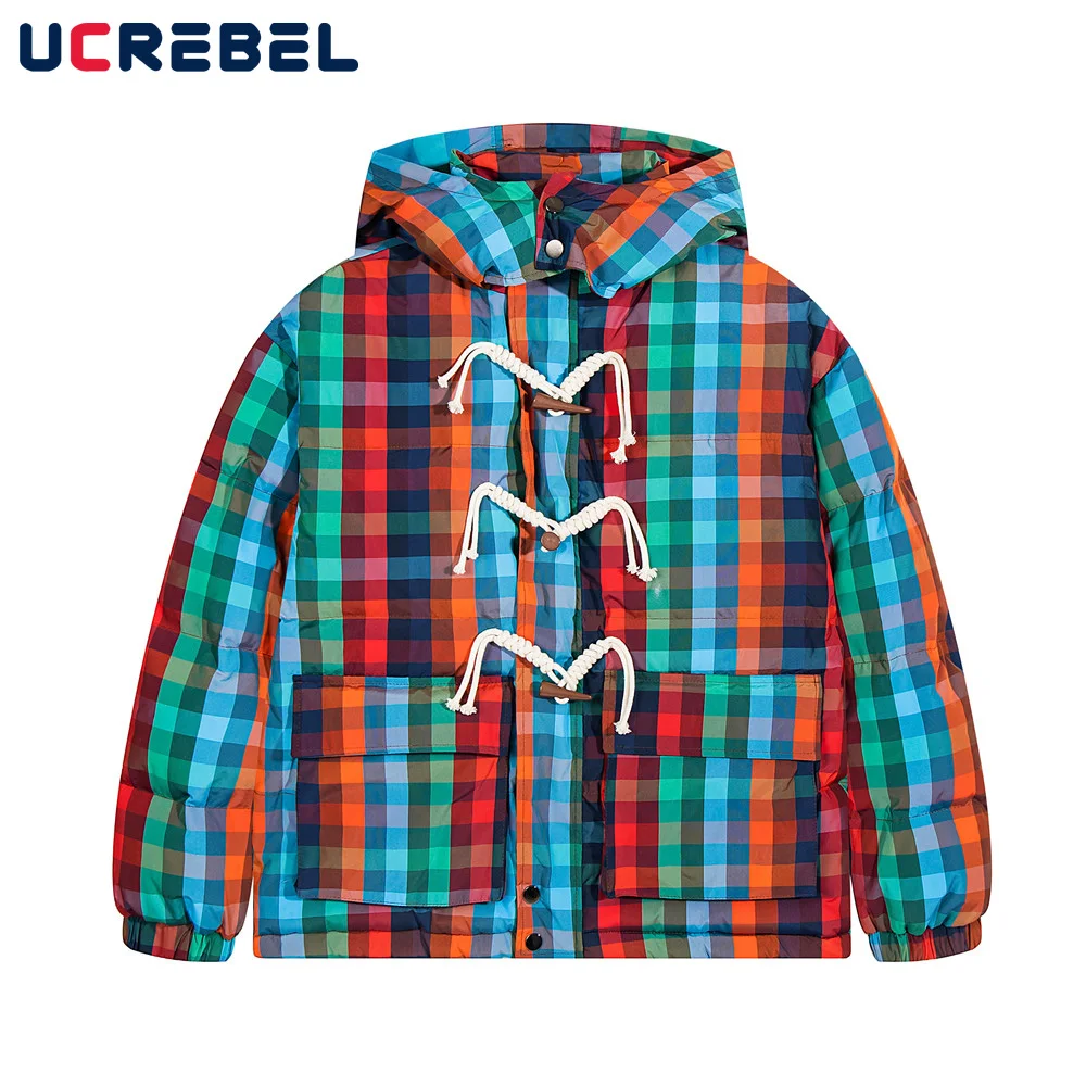 Rainbow Plaid Padded Jacket Mens Button Decoration High Street Loose Hooded Long Sleeve Thick Quilted Jacket Men