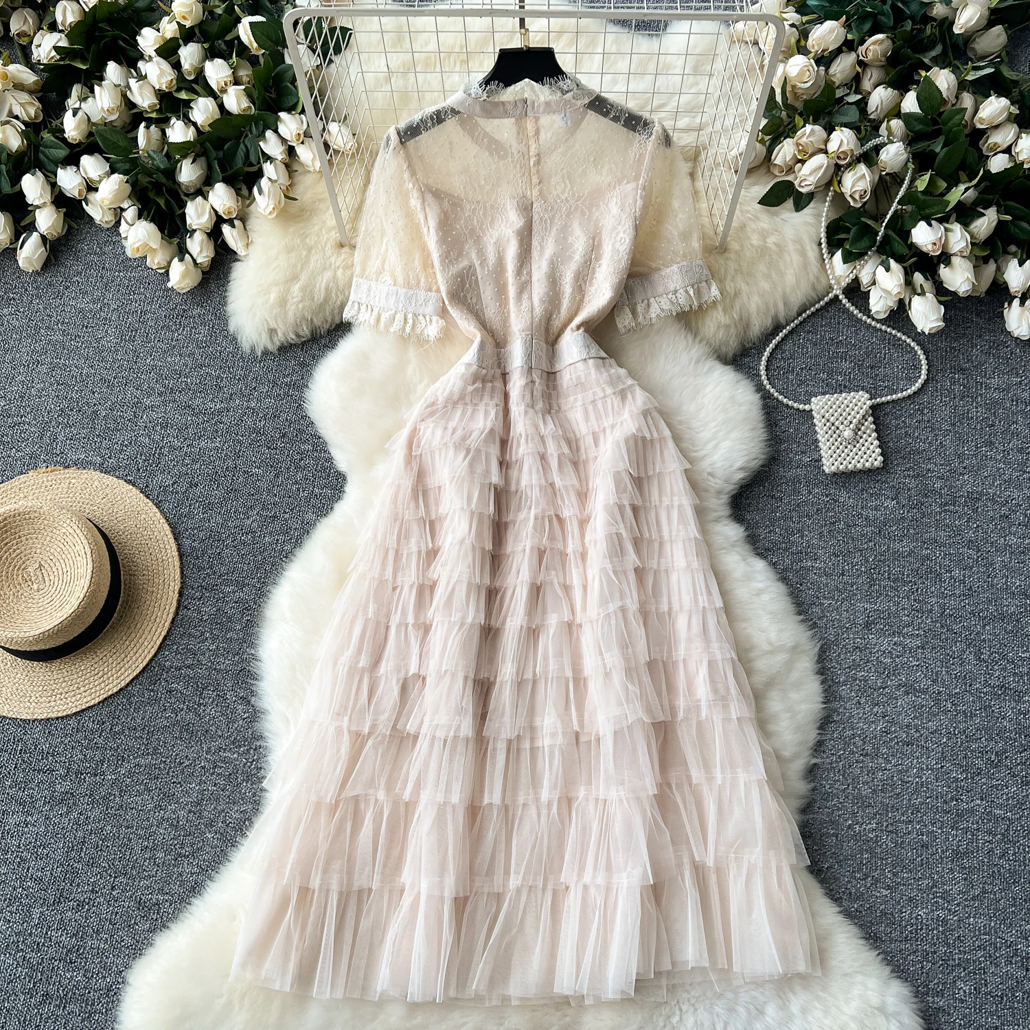Chic vintage mesh sequin lace PATCHWORK Embroidery Dress Fashion korean fashion Slim summer puff dresses