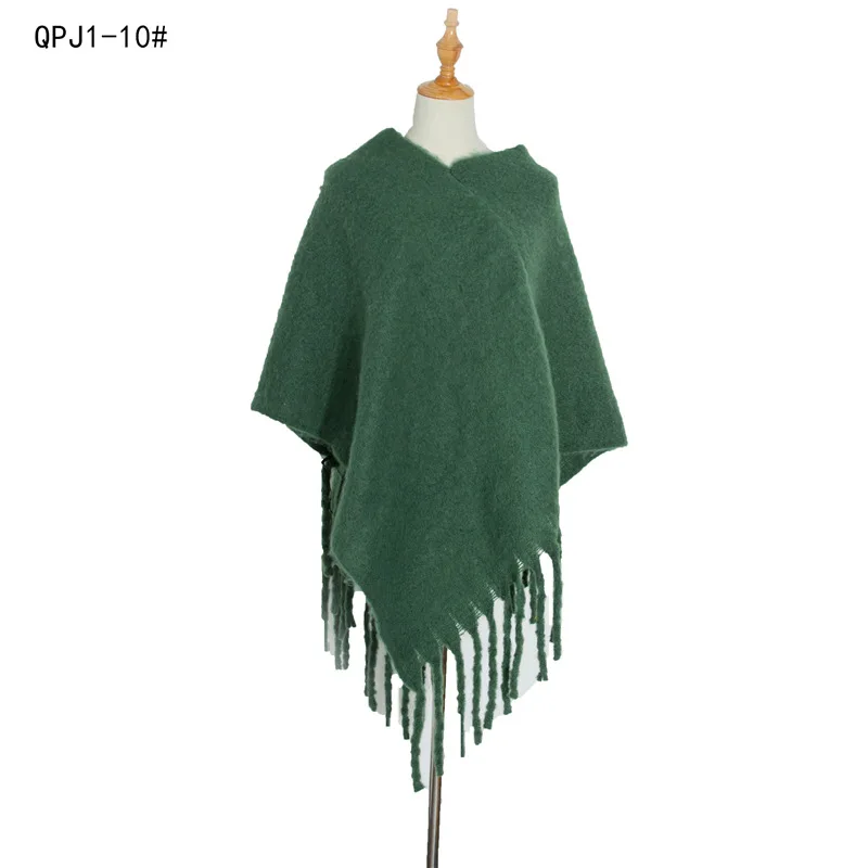 Spring Autumn Loop Yarn Women Shawl Thick Tassel Warm Cloak Pullover Poncho Lady Capes Green Cloaks