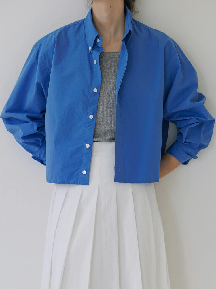 

Blue Casual Loose Women's irt Korean Sle Commute Faion Button Pure Cotton Long Sve Regular Length Color