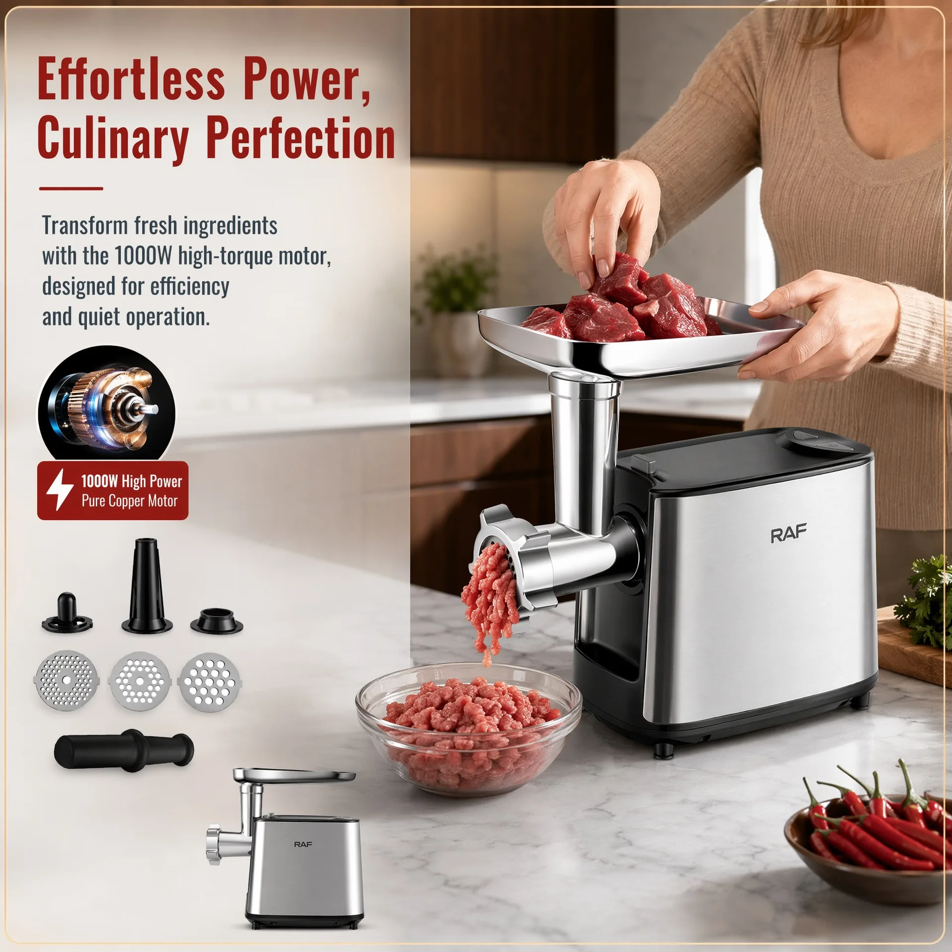 European standard electric meat grinder with multifunction, stainless steel body, reversible for stuffing and mixing meat