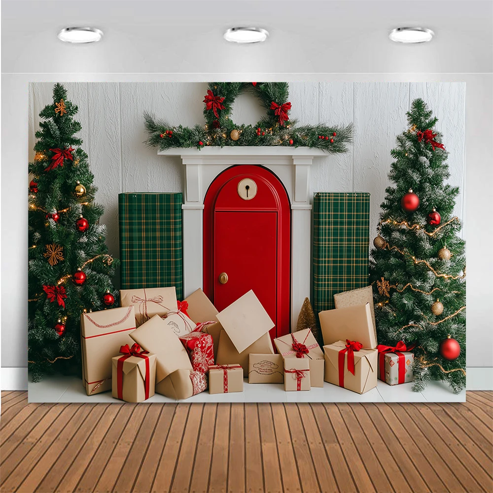 Santa Claus Studio Photography Backdrops Adult Kids Portrait Photocall Background Red Checkered Xmas Tree Gift Photo Props