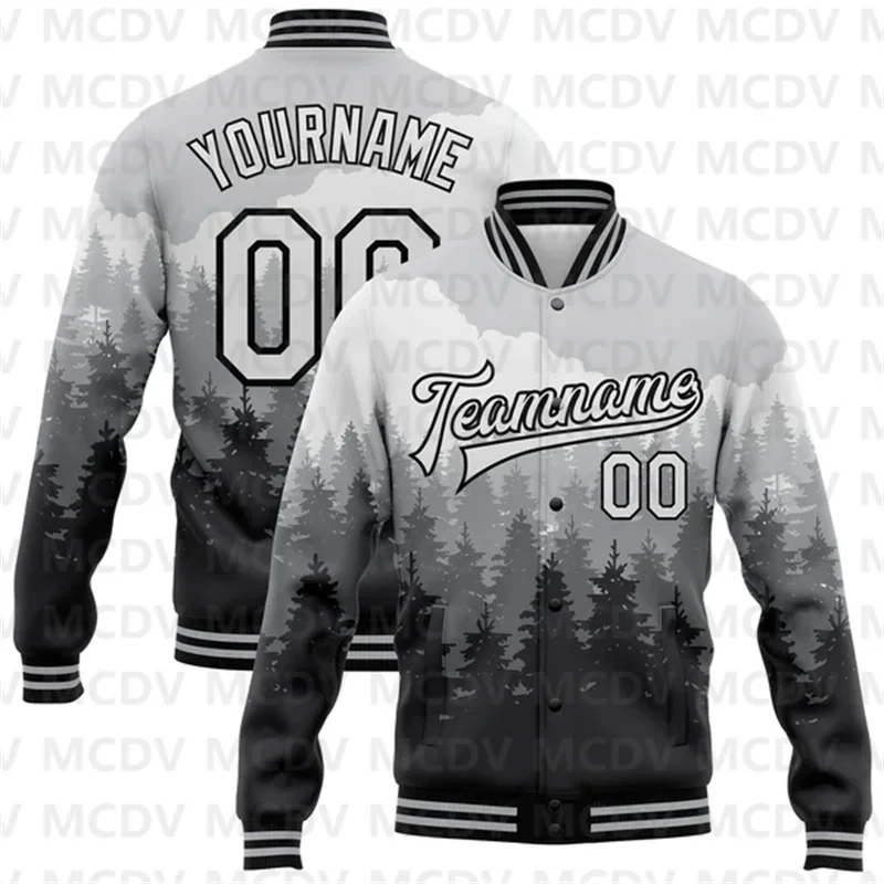 

Custom Gray White-Black Watercolor Forest With Fog 3D Pattern Design Bomber Full-Snap Varsity Letterman Jacket