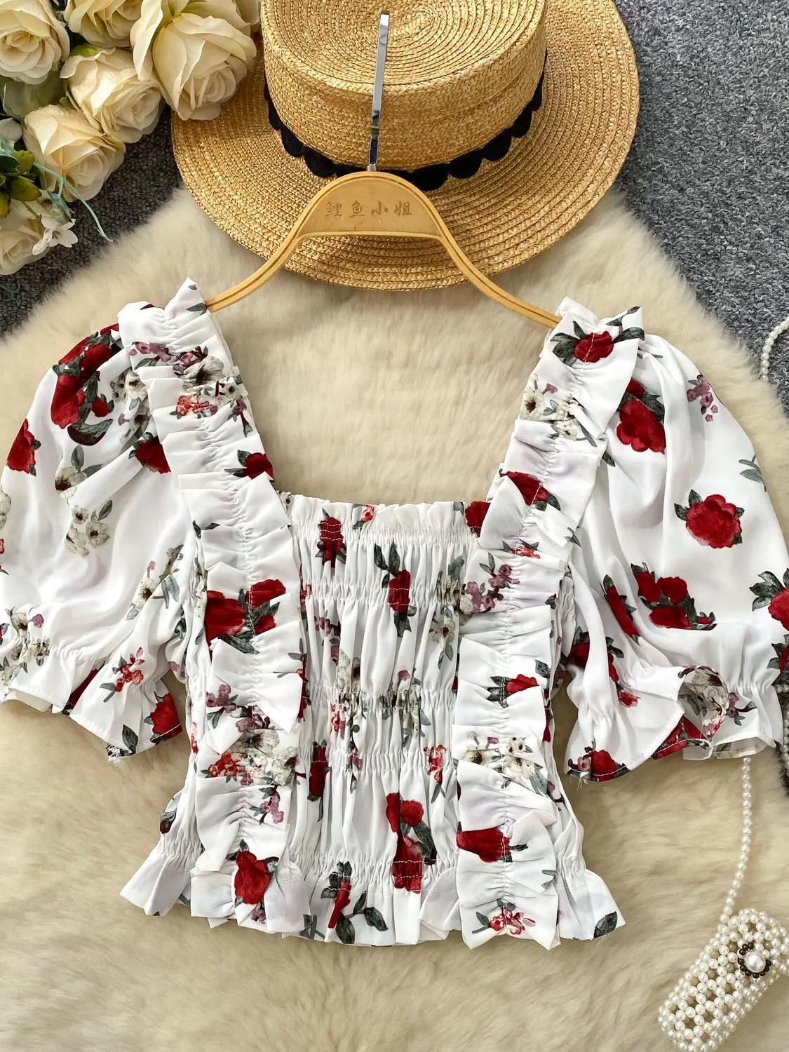 Vintage Rose Floral Print Black Blouse Women Summer Square Neck Puff Short Sleeve Shirred Peplum Crop Top Elastic Slim Folds